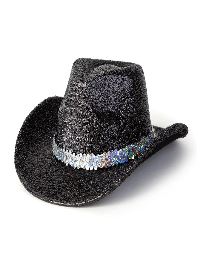 Gossifan Western Hats for Women Men Sparkly Cowgirl Hat Wide Brim Felt Cowboy Hats Disco Party Music Hat-Black - Image 1